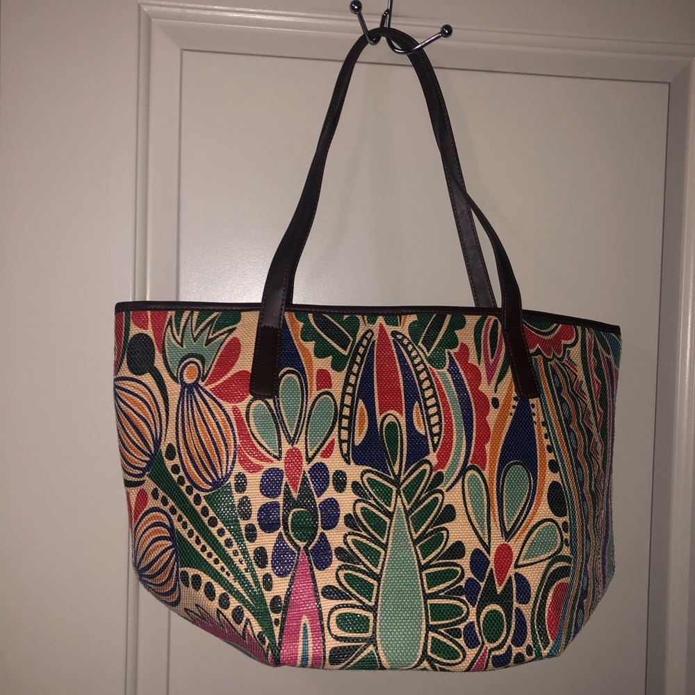 Neiman Marcus Multicolor Print Design Raffia Woven Large Tote Bag